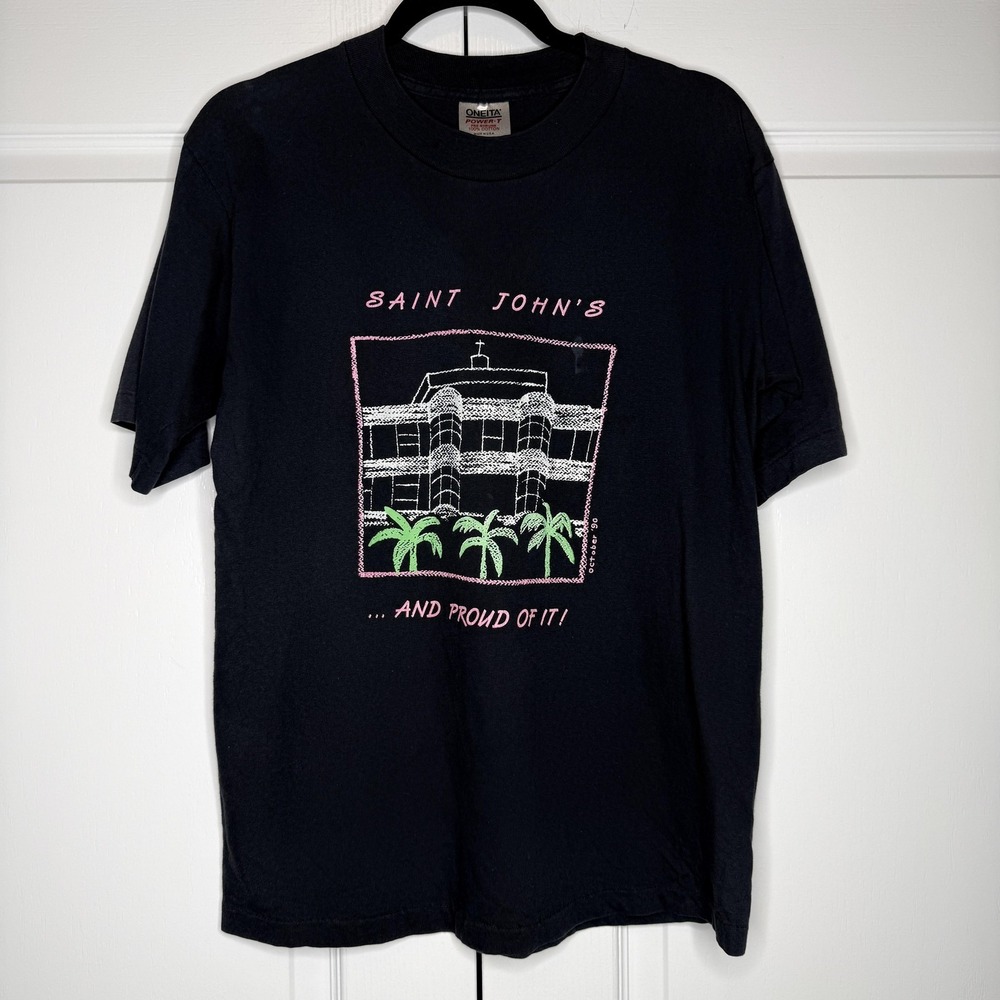 Vintage Oneita Shirt Mens Large Black Saint John's Building Graphic Tee 1990 USA